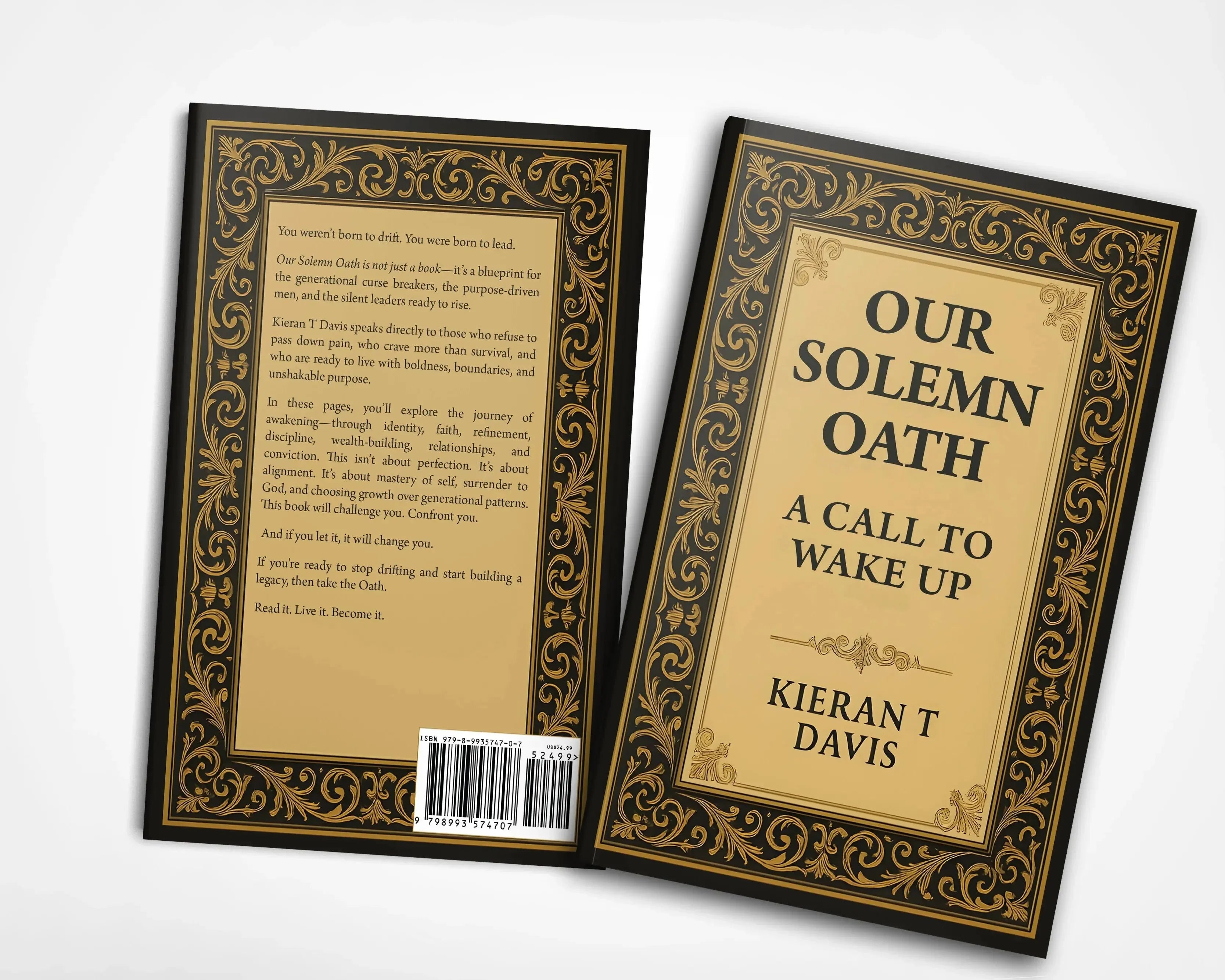 Our Solemn Oath: A Call to Wake Up by Kieran T Davis – angled paperback book mockup showing front and back cover design with gold ornamental border.