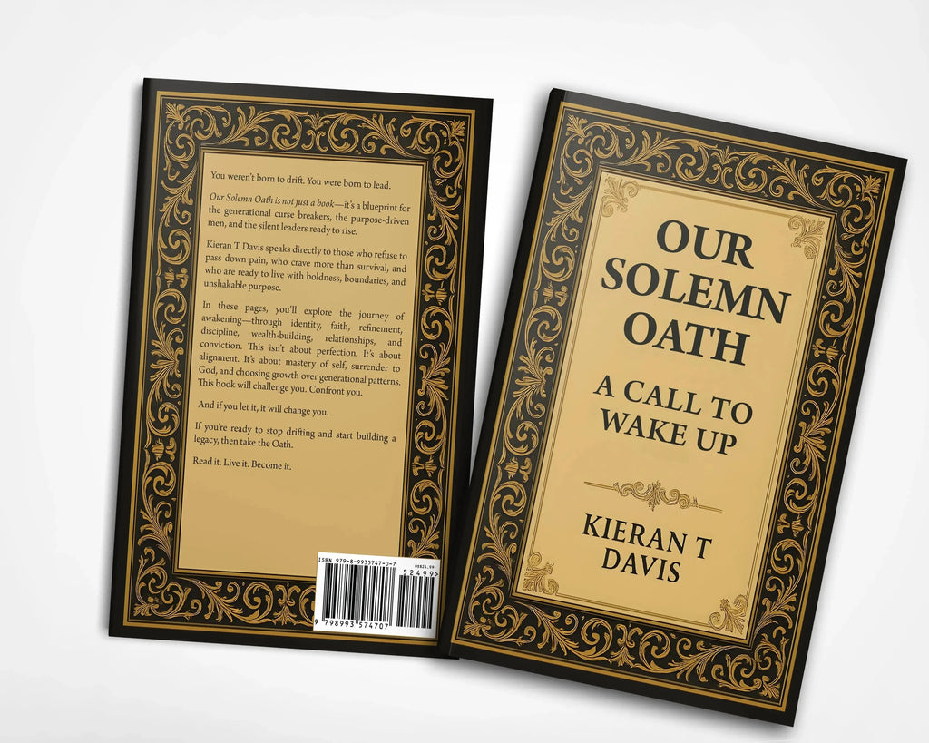 Our Solemn Oath: A Call to Wake Up by Kieran T Davis – angled paperback book mockup showing front and back cover design with gold ornamental border.