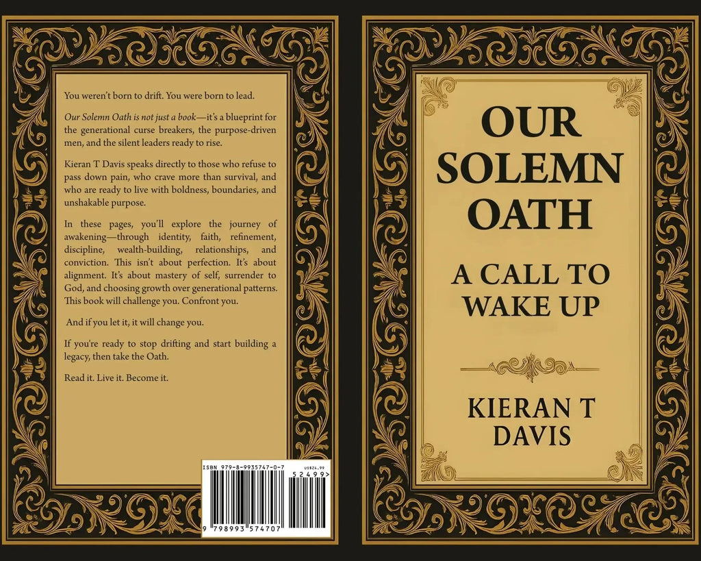 Our Solemn Oath: A Call to Wake Up by Kieran T Davis – flat view of paperback front and back covers featuring bold black text on gold background with ornate border.